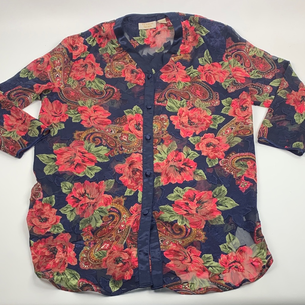 Vintage Victoria's Secret Navy Blue Red Pink Floral Robe Nightgown Buttons Large